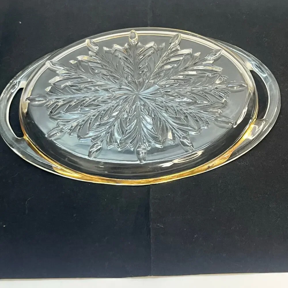 Vintage Jeannette glass feather gold rim tray 10.25x6.25 inches mcm‎ elegant